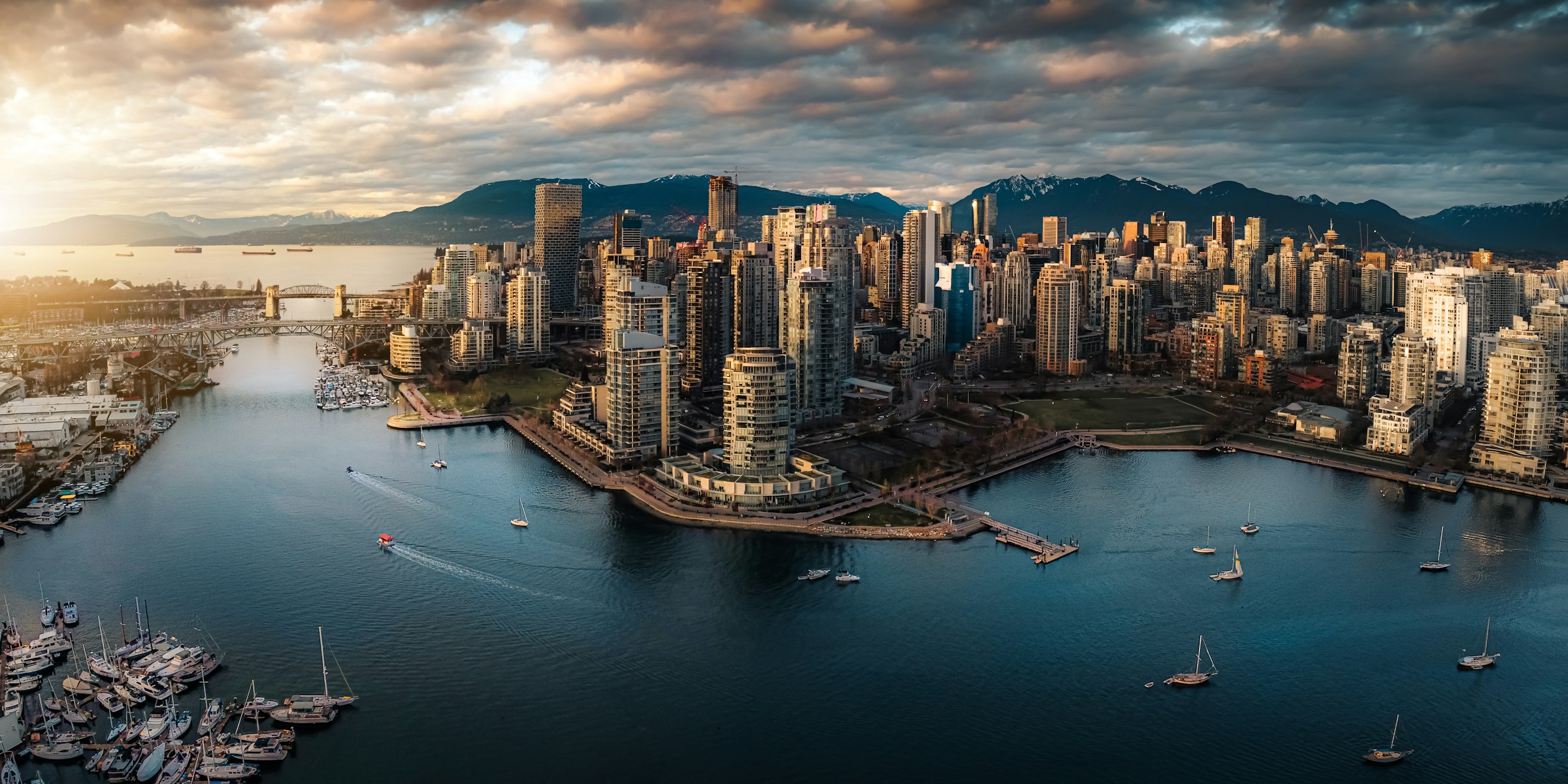 Vancouver skyline at dusk, seen across False Creek